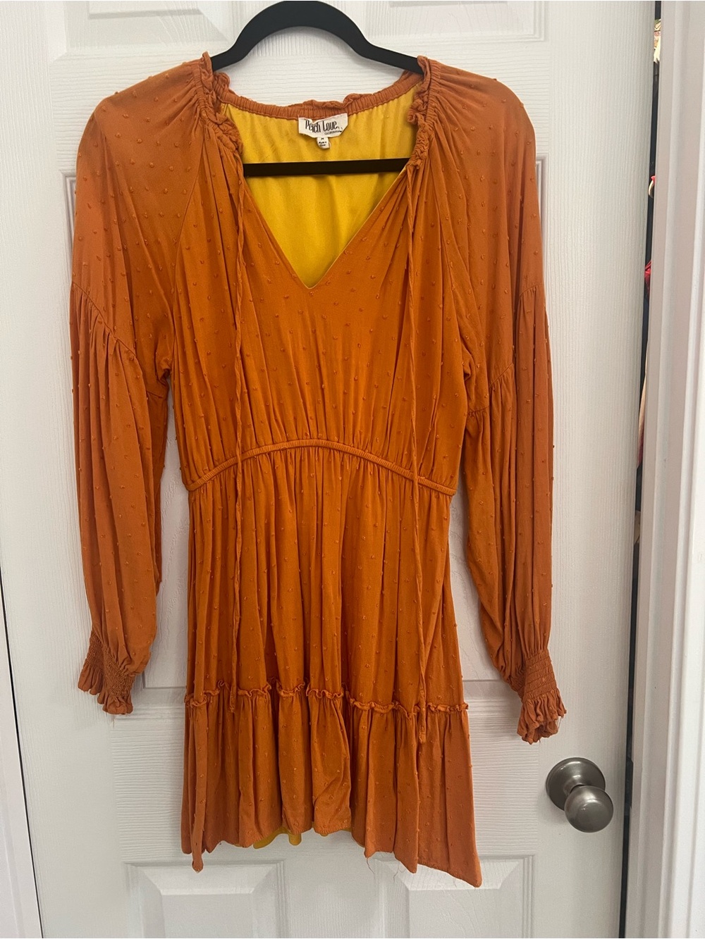 Peach Love California Swiss Dot Smocked Mini Dress M Boho Orange Long  Sleeve